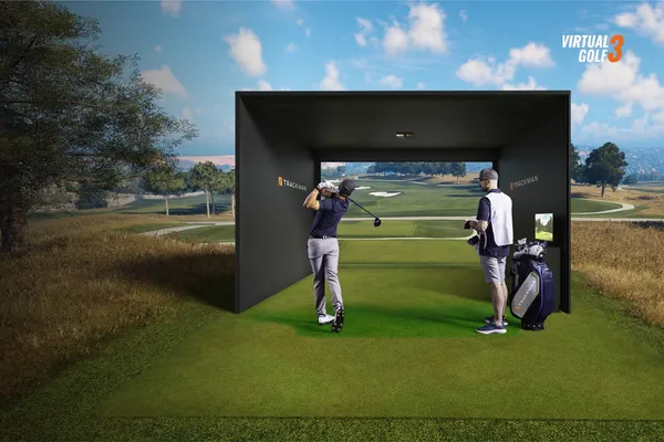Warm, social evening atmosphere inside a private Swing Spot golf bay.